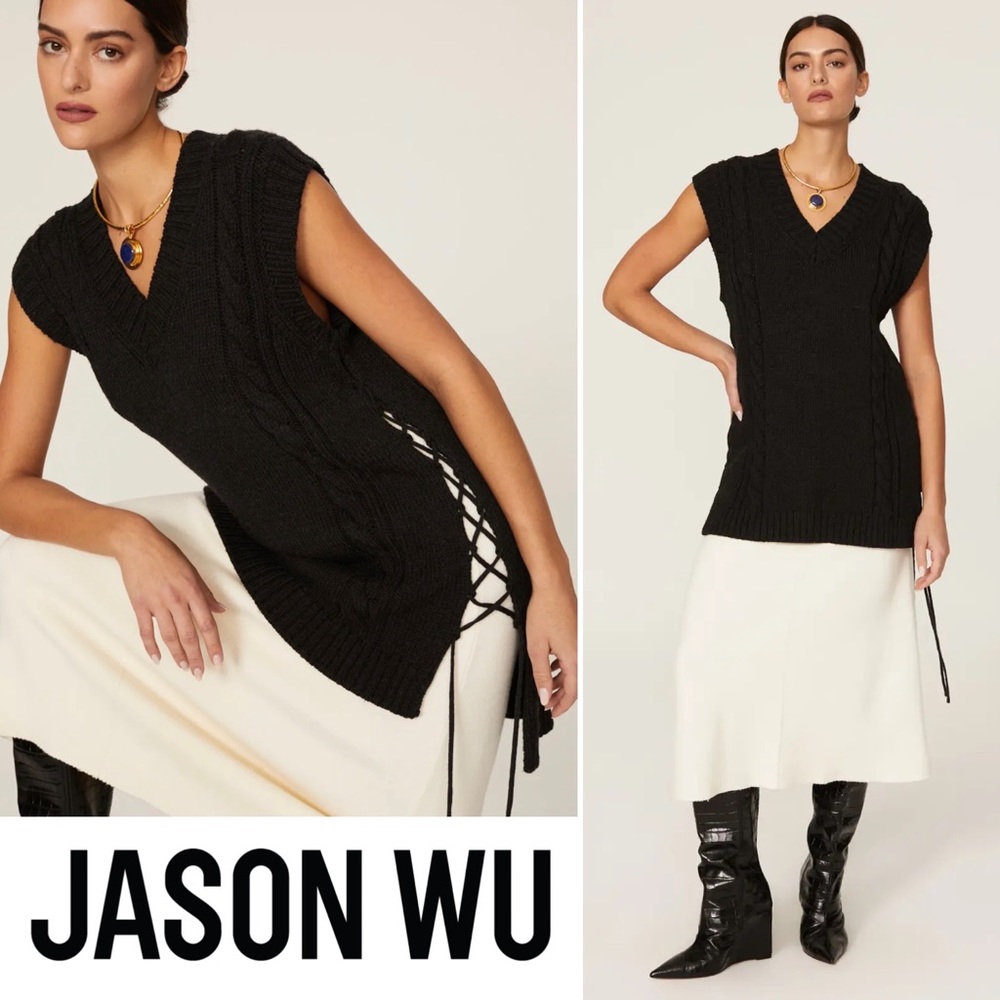 Jason Wu Merino Wool V Neck Cable Knit Sweater Vest Lace Up Sides Chunky Knit XS